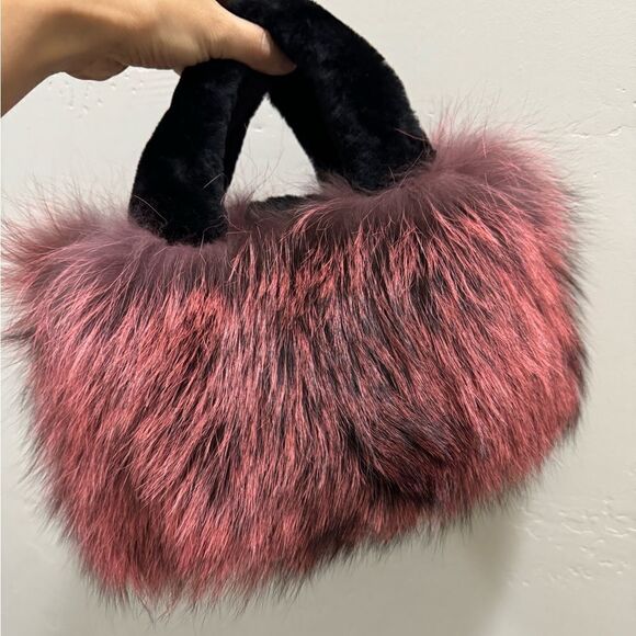 Maroon Handmade Dyed Real Fox Fur Bag With Fur Handle Includes 2 Strap Styles - Picture 6 of 16